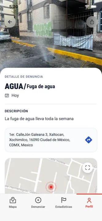 Detalle de una denuncia de fuga de agua